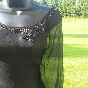 DKNY Black Sheer 100% Silk Embroidered Blouse